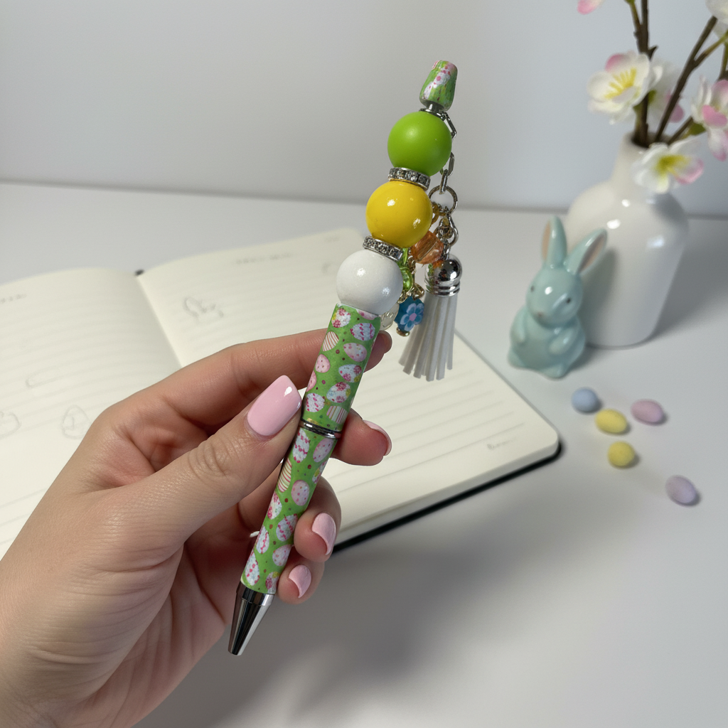 Easter Egg Beaded Pen with Charm & Tassel | Green Spring Aesthetic Pen | Kimber Kaye Designs