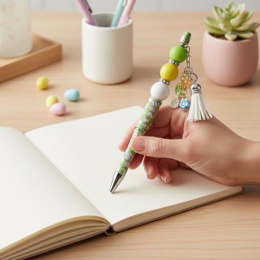 Easter Egg Beaded Pen with Charm & Tassel | Green Spring Aesthetic Pen | Kimber Kaye Designs