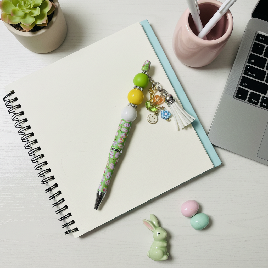 Easter Egg Beaded Pen with Charm & Tassel | Green Spring Aesthetic Pen | Kimber Kaye Designs