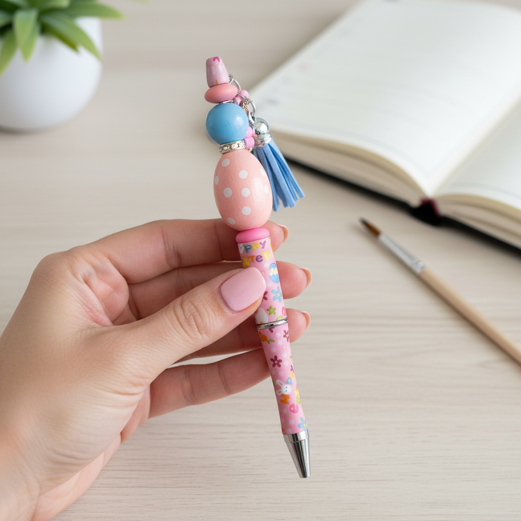Pastel Easter Beaded Pen with Charm & Tassel | Pink & Blue Cute Aesthetic Pen