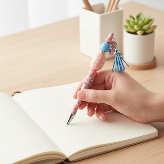 Pastel Easter Beaded Pen with Charm & Tassel | Pink & Blue Cute Aesthetic Pen