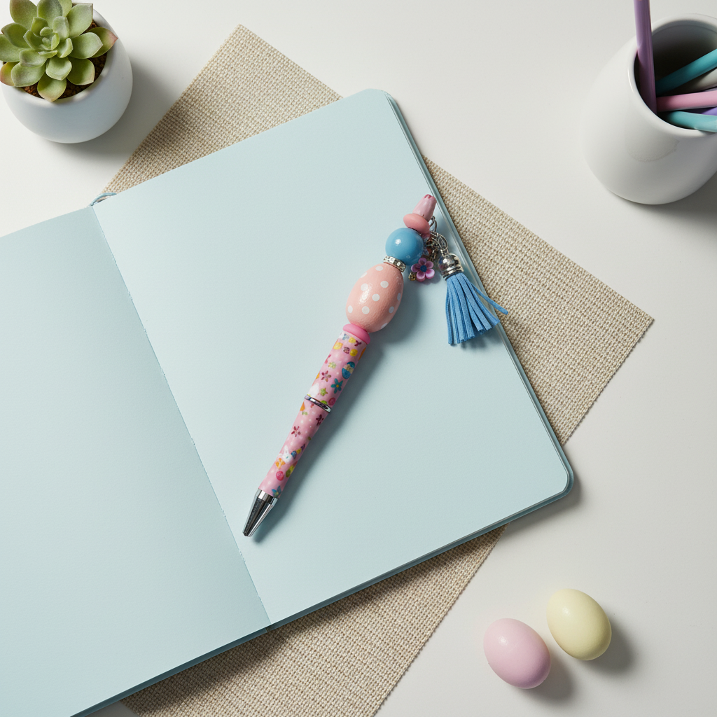 Pastel Easter Beaded Pen with Charm & Tassel | Pink & Blue Cute Aesthetic Pen