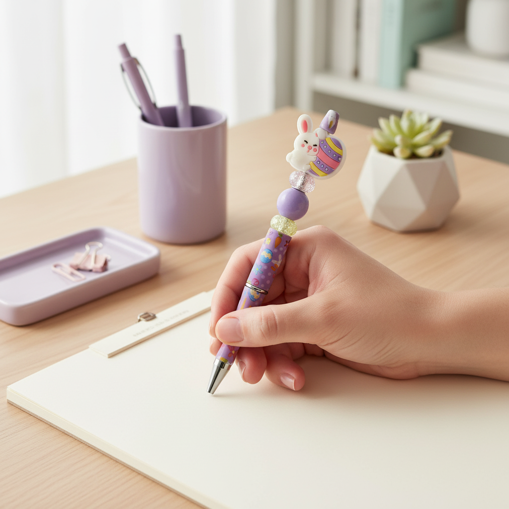 Bunny Easter Beaded Pen with Charm & Tassel | Purple Cute Spring Aesthetic Pen