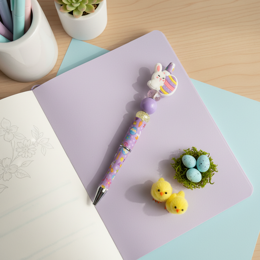 Bunny Easter Beaded Pen with Charm & Tassel | Purple Cute Spring Aesthetic Pen