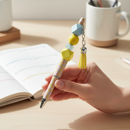 Yellow & Blue Beaded Pen with Charm & Tassel | Spring Easter Aesthetic Pen | Kimber Kaye Designs