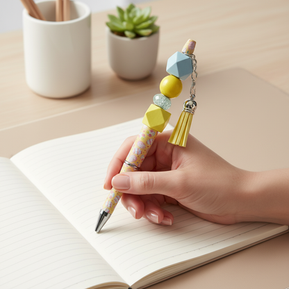 Yellow & Blue Beaded Pen with Charm & Tassel | Spring Easter Aesthetic Pen | Kimber Kaye Designs