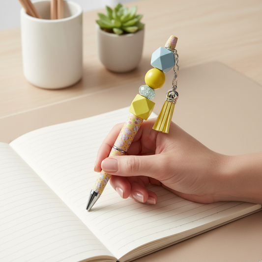 Yellow & Blue Beaded Pen with Charm & Tassel | Spring Easter Aesthetic Pen | Kimber Kaye Designs