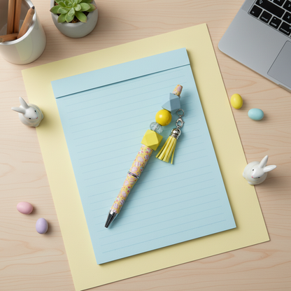 Yellow & Blue Beaded Pen with Charm & Tassel | Spring Easter Aesthetic Pen | Kimber Kaye Designs