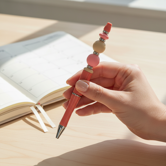 Pink & Beige Beaded Pen | Neutral Aesthetic Spring Pen | Minimalist Decorative Pen