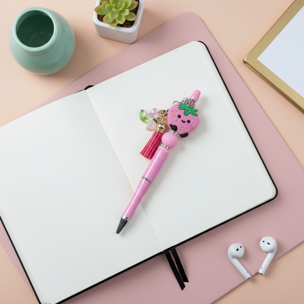 Strawberry Beaded Pen with Charm & Tassel | Cute Kawaii Pink Aesthetic Pen