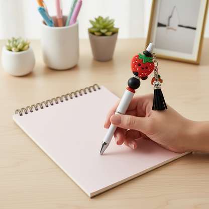 Red Strawberry Beaded Pen with Charm & Tassel | Cute Kawaii Aesthetic Pen | Kimber Kaye Designs
