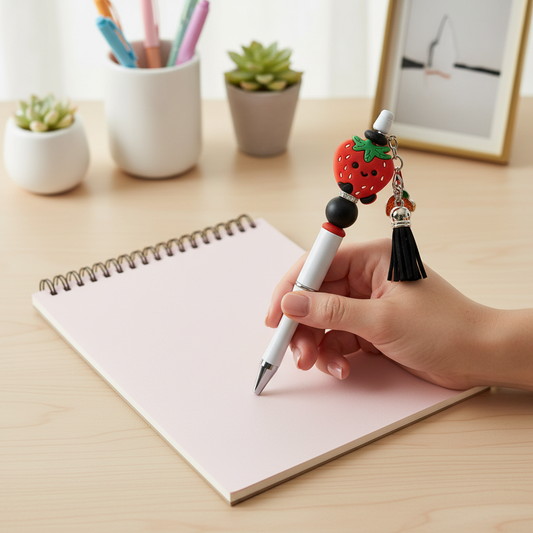Red Strawberry Beaded Pen with Charm & Tassel | Cute Kawaii Aesthetic Pen | Kimber Kaye Designs
