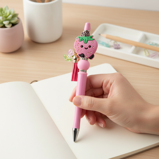 Strawberry Beaded Pen with Charm & Tassel | Cute Kawaii Pink Aesthetic Pen
