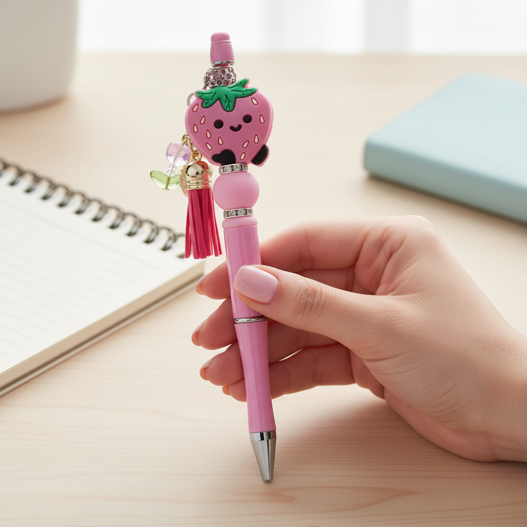 Strawberry Beaded Pen with Charm & Tassel | Cute Kawaii Pink Aesthetic Pen