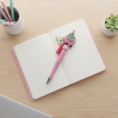 Strawberry Beaded Pen with Charm & Tassel | Cute Kawaii Pink Aesthetic Pen