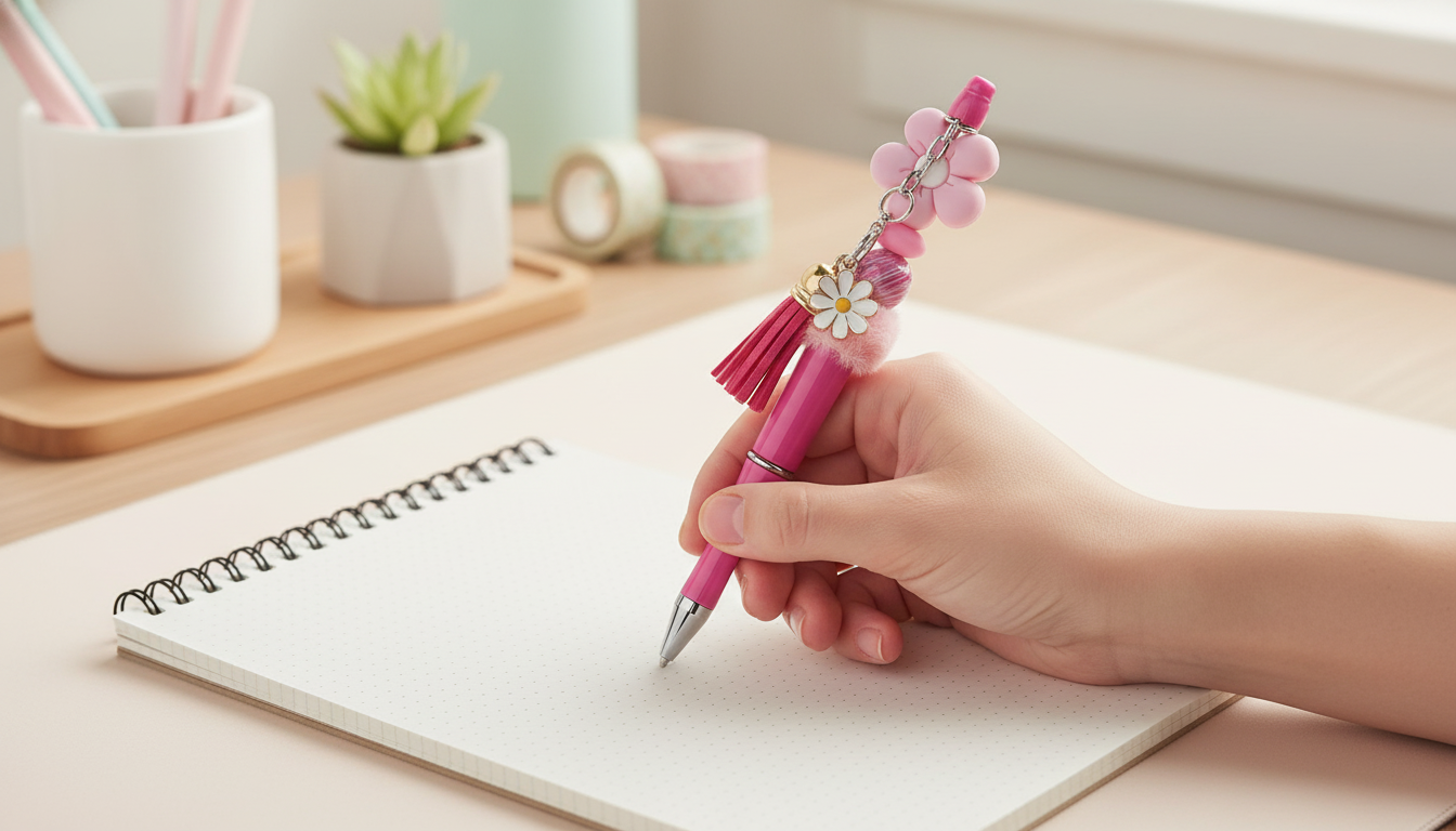 Pink Daisy Beaded Pen | Floral Charm Pen | Cottagecore Pen | Aesthetic Writing Pen | Cute Desk Accessories | Daisy Daydreams Collection