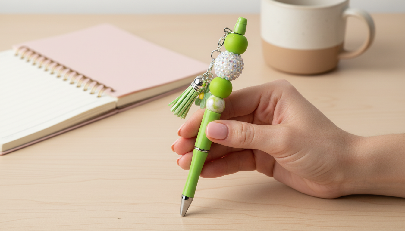 Green Daisy Beaded Pen | Floral Charm Pen | Cute Aesthetic Writing Pen | Cottagecore Desk Accessories | Daisy Daydreams Collection