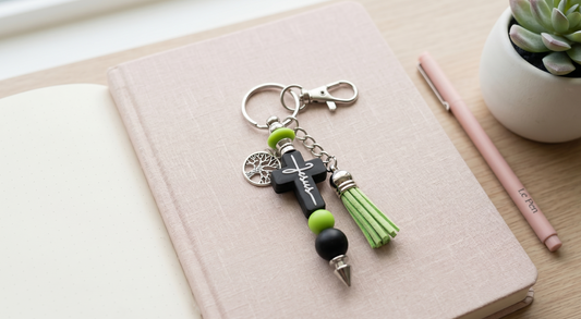 Faith Cross Beaded Keychain – Black & Green Christian Bag Charm