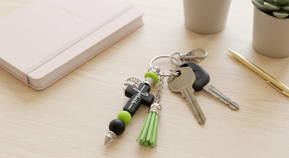 Faith Cross Beaded Keychain – Black & Green Christian Bag Charm