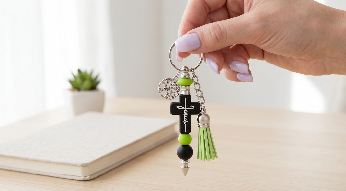 Faith Cross Beaded Keychain – Black & Green Christian Bag Charm