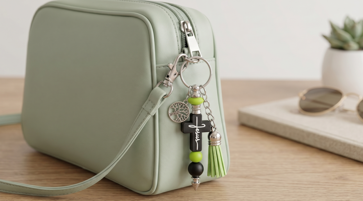 Faith Cross Beaded Keychain – Black & Green Christian Bag Charm