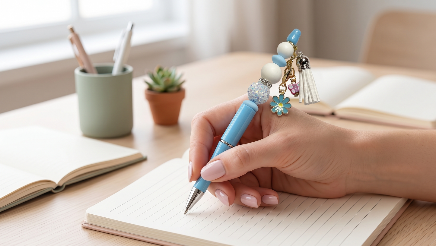 Petals & Plans Beaded Pen – Blue Floral Charm Pen
