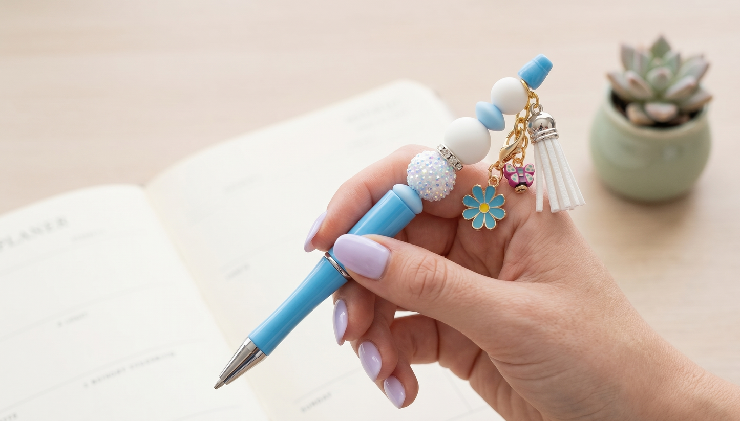 Petals & Plans Beaded Pen – Blue Floral Charm Pen