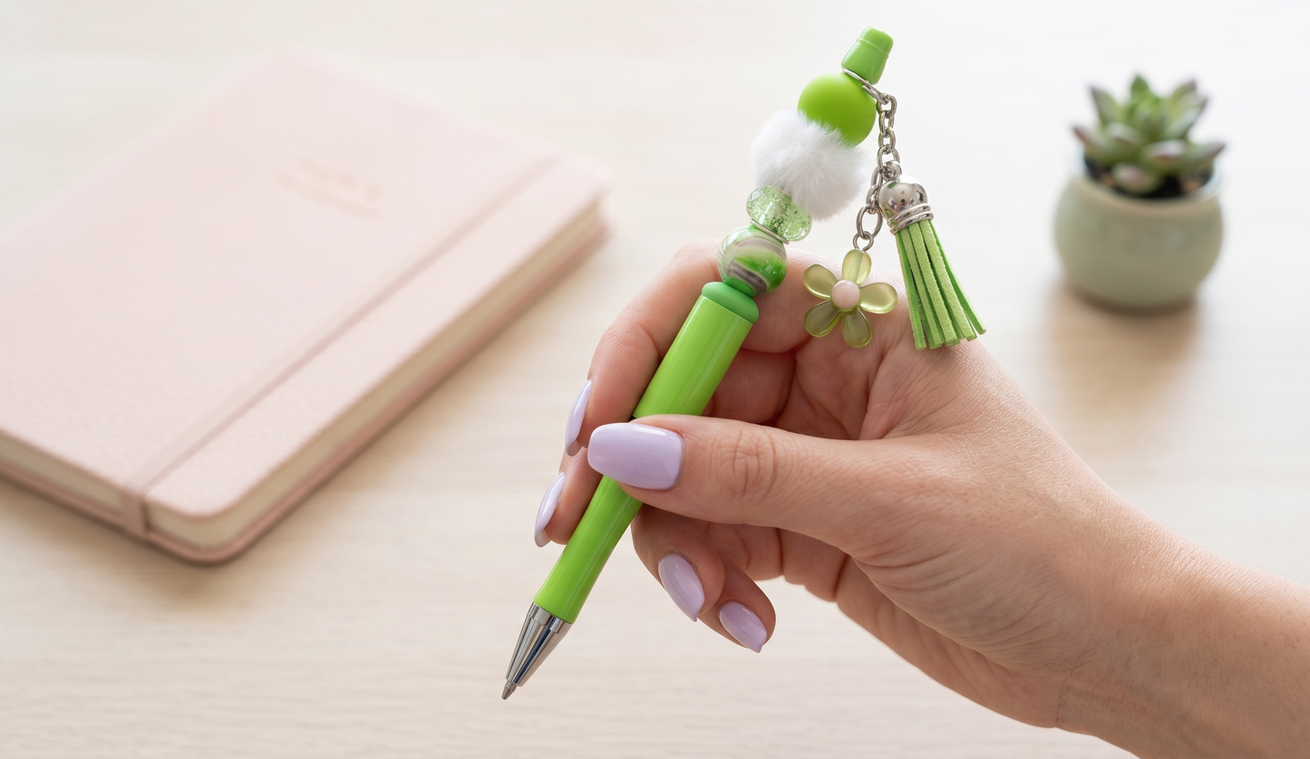 Petals & Plans Beaded Pen – Green Floral Charm Pen