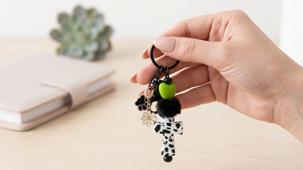 Cow Print Cross Beaded Keychain – Faith Inspired Bag Charm