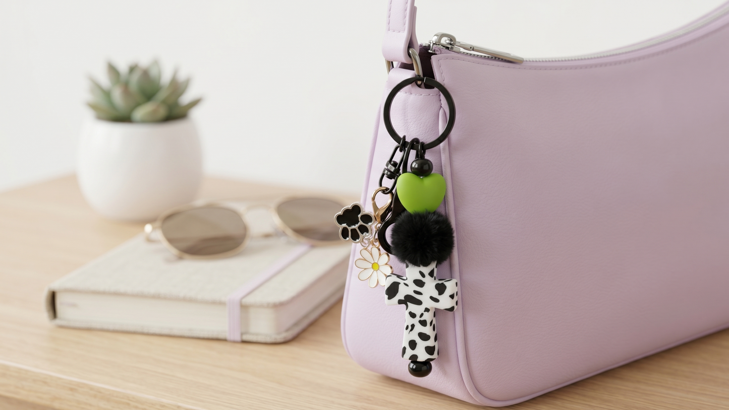 Cow Print Cross Beaded Keychain – Faith Inspired Bag Charm
