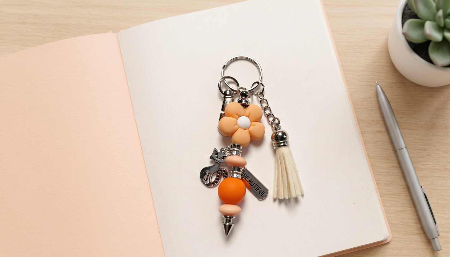 Petals & Plans Beaded Keychain – Orange Floral Charm Keychain