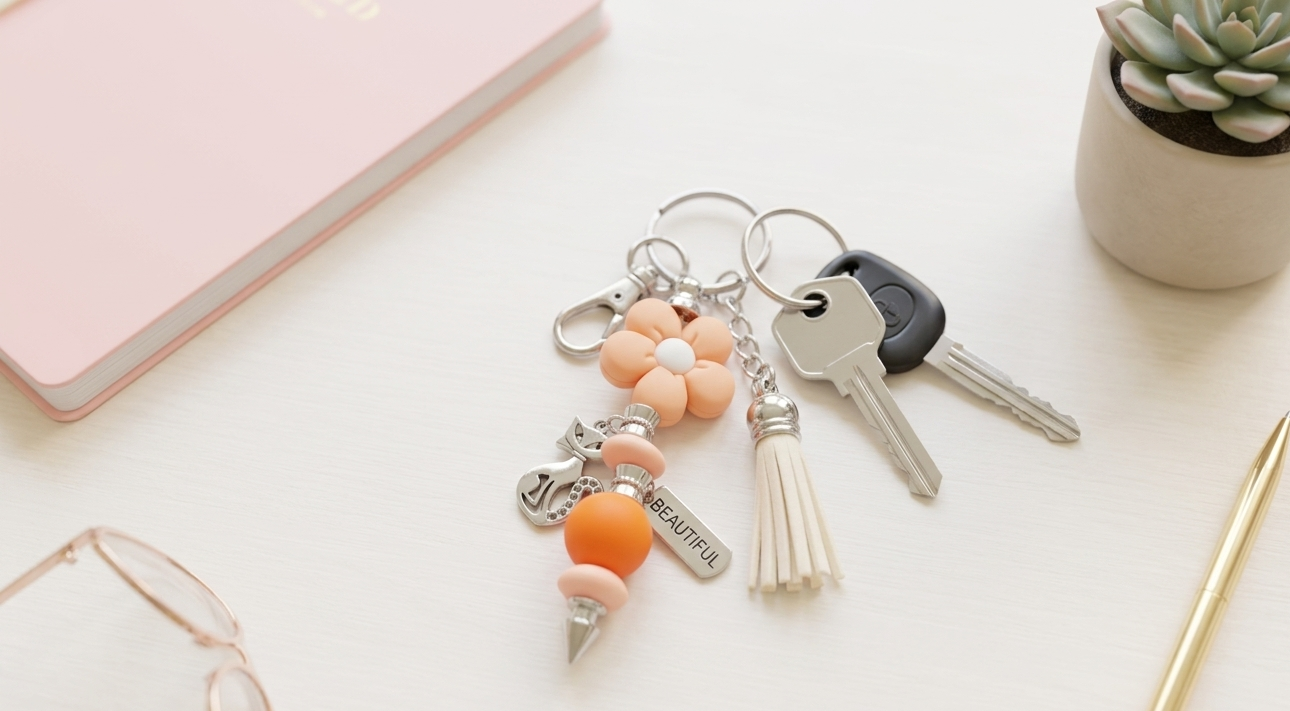 Petals & Plans Beaded Keychain – Orange Floral Charm Keychain