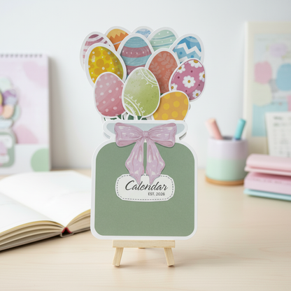 Easter Egg Bouquet Layered Calendar with Easel | Spring Desk Decor | 3D Decorative Calendar | Cottagecore Office Accessories