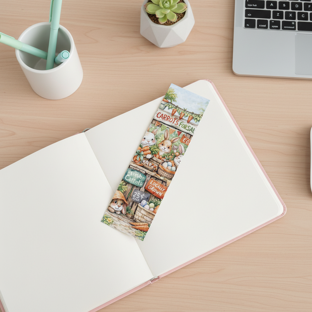 Cozy Carrot Market Day Bookmark | Bunny Produce Stand Story Bookmark