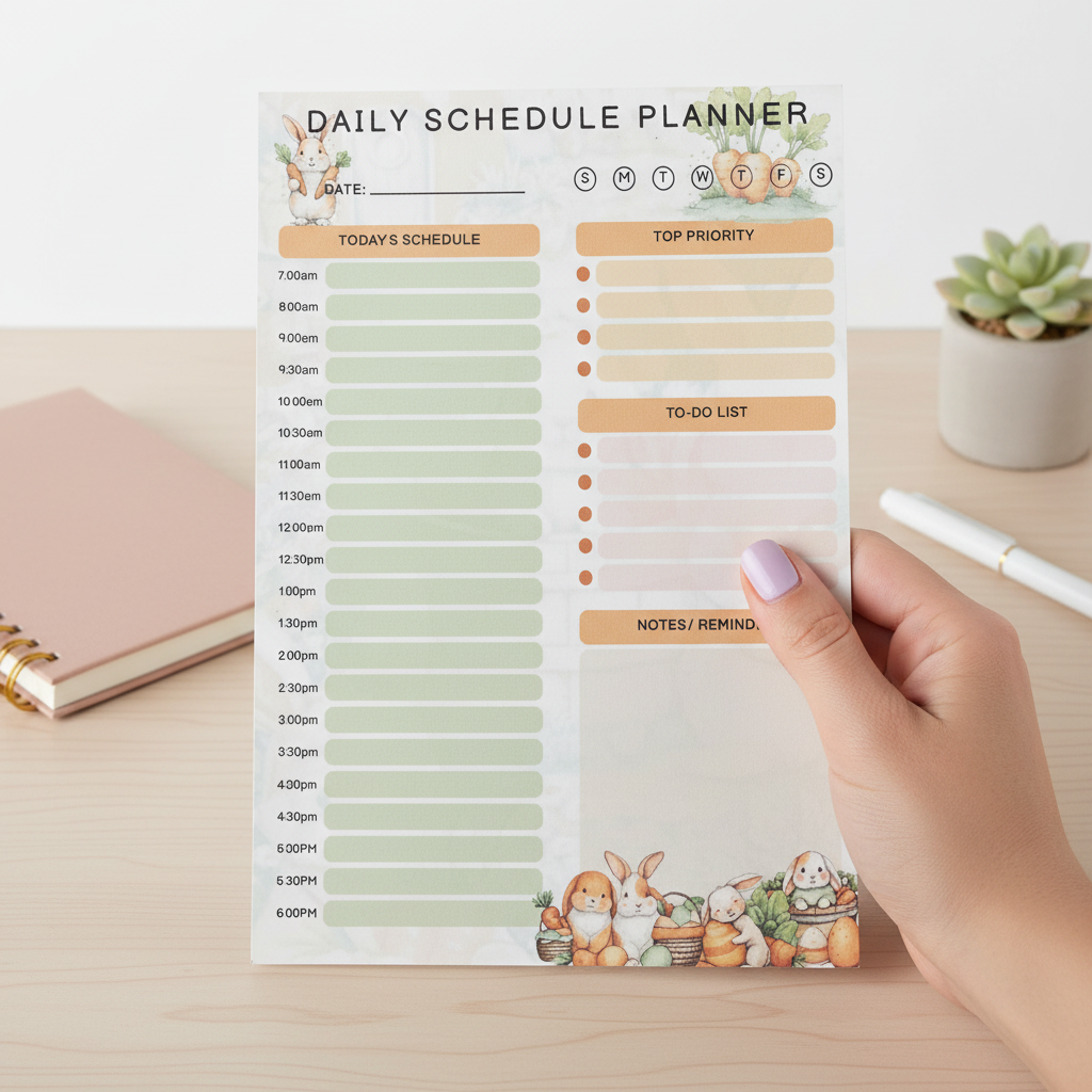 Cozy Carrot Daily Planner Pad | Bunny Daily Schedule Notepad (5x7)