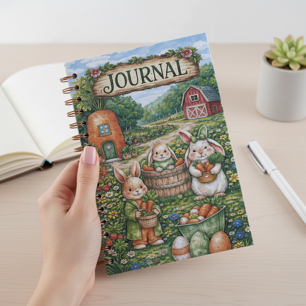 Cozy Carrot Cottage Journal | 6x9 Spiral Notebook | Bunny Garden Journal | Spring Cottagecore Writing Journal | Cute Easter Notebook Gift