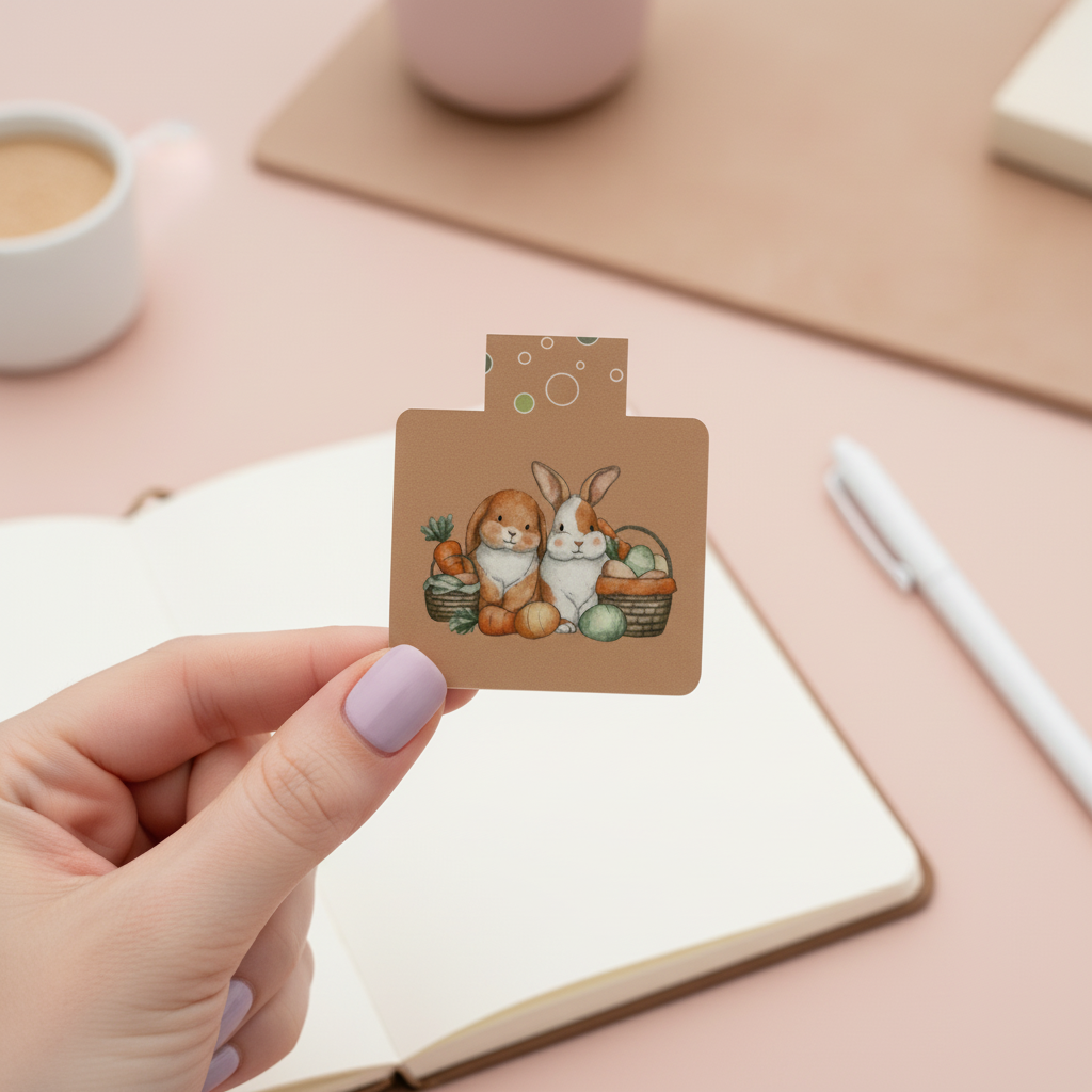 Cozy Carrot Cottage Bunny Pair Magnetic Bookmark | Cute Easter Bunny & Basket Bookmark