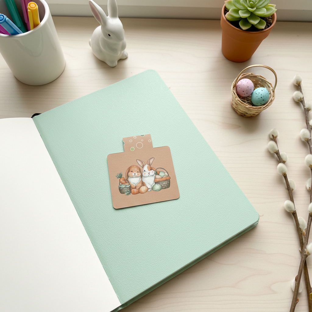 Cozy Carrot Cottage Bunny Pair Magnetic Bookmark | Cute Easter Bunny & Basket Bookmark