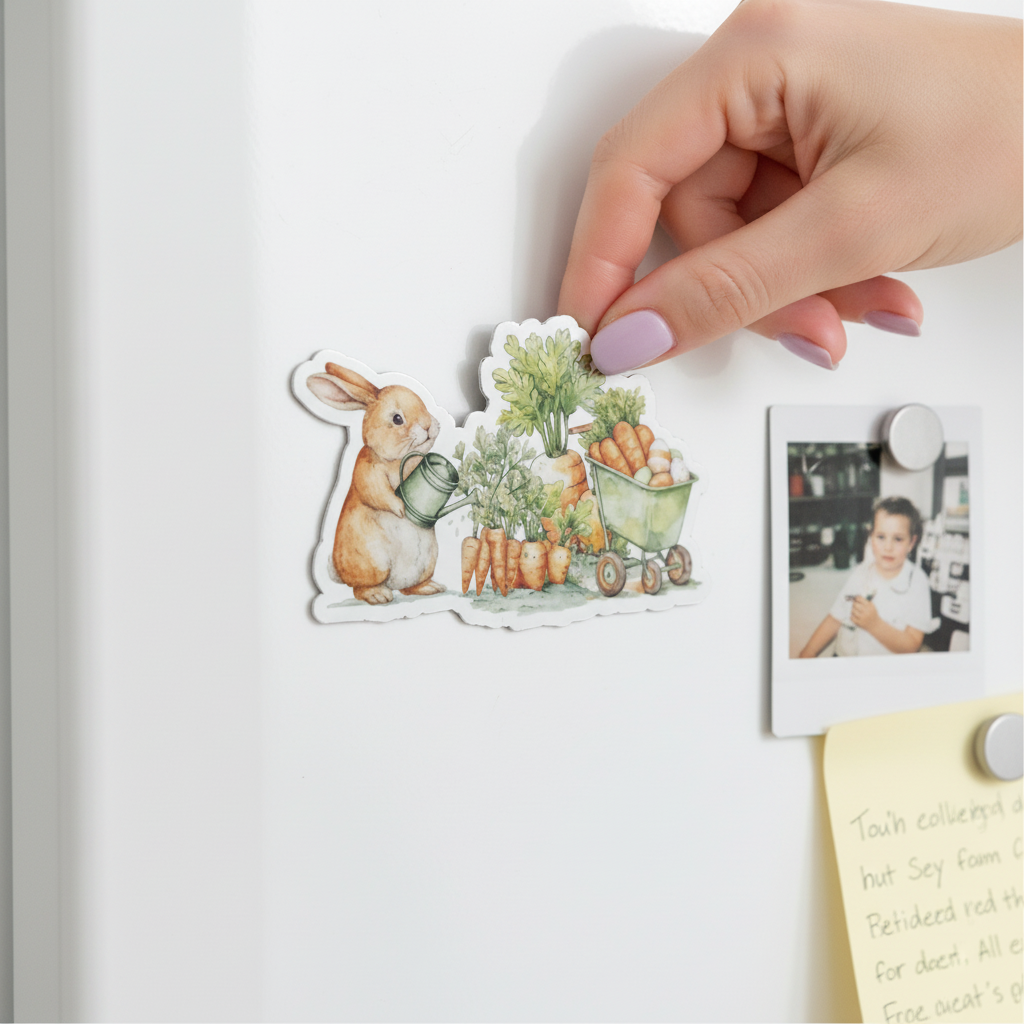 Cozy Carrot Garden Bunny Magnet | Cute Bunny Watering Carrots Magnet | Spring Farmhouse Decor | Cottagecore Kitchen Magnet | Easter Bunny Art