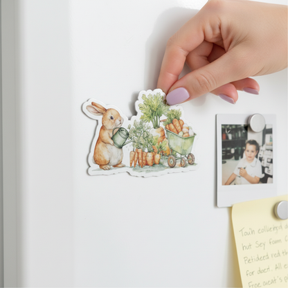 Cozy Carrot Garden Bunny Magnet | Cute Bunny Watering Carrots Magnet | Spring Farmhouse Decor | Cottagecore Kitchen Magnet | Easter Bunny Art