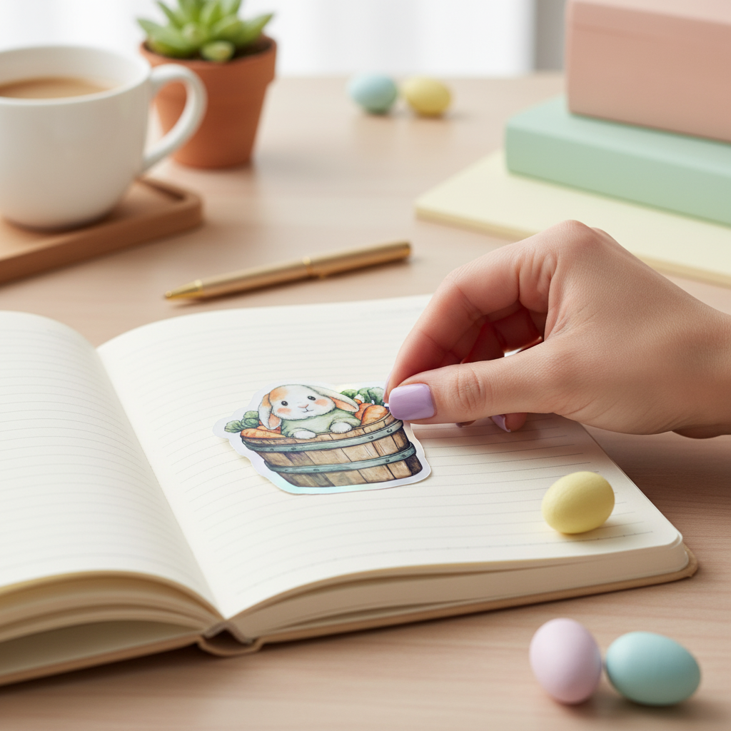 Bunny Basket Sticker 3" | Cute Easter Bunny Sticker with Carrots | Cottagecore Spring Sticker | Waterproof Vinyl | Kawaii Bunny Decor
