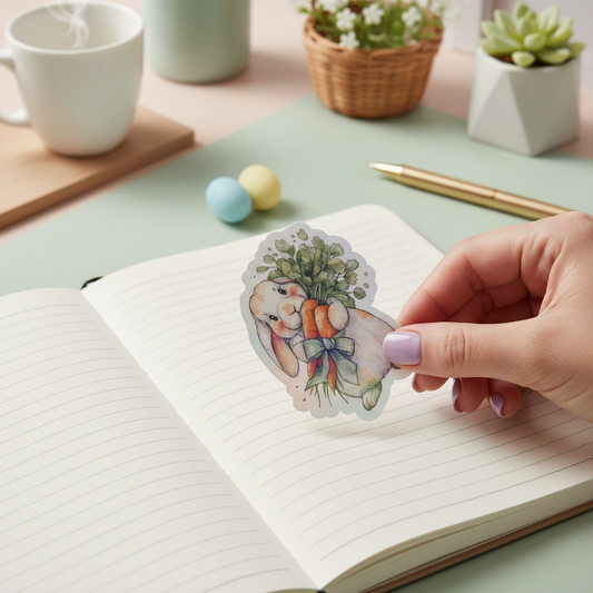 Bunny Holding Carrots Sticker 3" | Cute Easter Bunny Sticker | Cottagecore Spring Sticker | Kawaii Bunny Vinyl | Waterproof Planner Sticker