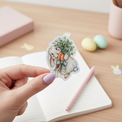 Bunny Holding Carrots Sticker 3" | Cute Easter Bunny Sticker | Cottagecore Spring Sticker | Kawaii Bunny Vinyl | Waterproof Planner Sticker