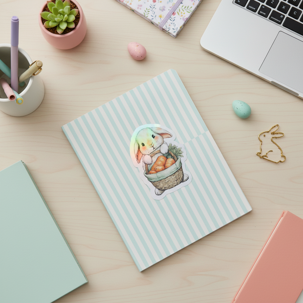 Bunny with Carrot Basket Sticker 3" | Cute Easter Bunny Sticker | Cottagecore Bunny Sticker | Spring Vinyl Sticker | Waterproof Planner Sticker