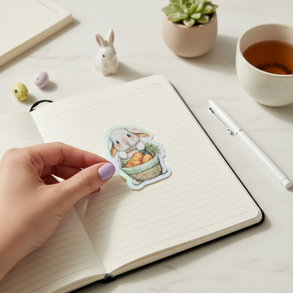 Bunny with Carrot Basket Sticker 3" | Cute Easter Bunny Sticker | Cottagecore Bunny Sticker | Spring Vinyl Sticker | Waterproof Planner Sticker