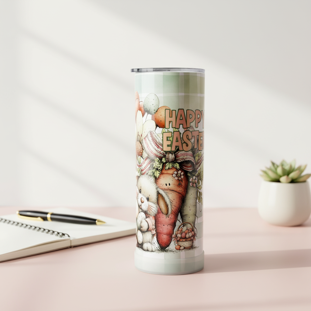 Happy Easter Bunny 20oz Skinny Tumbler | Cute Easter Tumbler | Carrot Cottage Spring Cup | Bunny & Carrot Drinkware | Pastel Easter Gift
