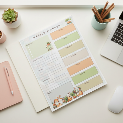 Carrot Cottage Weekly Planner Pad (8.5x11) | Cottagecore Bunny Weekly Planner | Cute Spring Planner Pad | Bunny Desk Planner