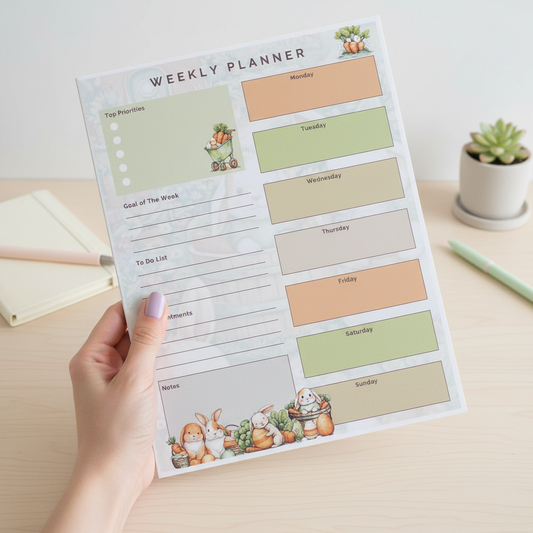 Carrot Cottage Weekly Planner Pad (8.5x11) | Cottagecore Bunny Weekly Planner | Cute Spring Planner Pad | Bunny Desk Planner