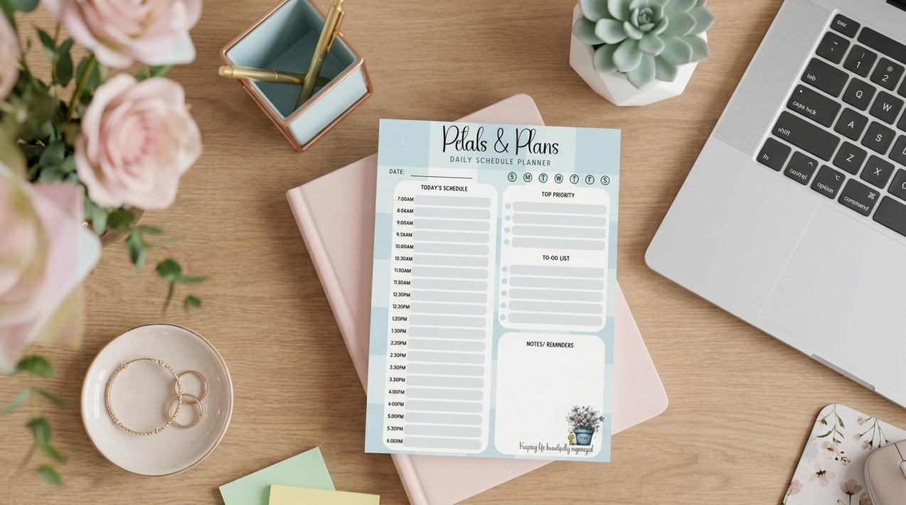 Petals & Plans Daily Planner | Hourly Schedule Planner Pad | Floral Productivity Planner | Mother’s Day Gift Idea