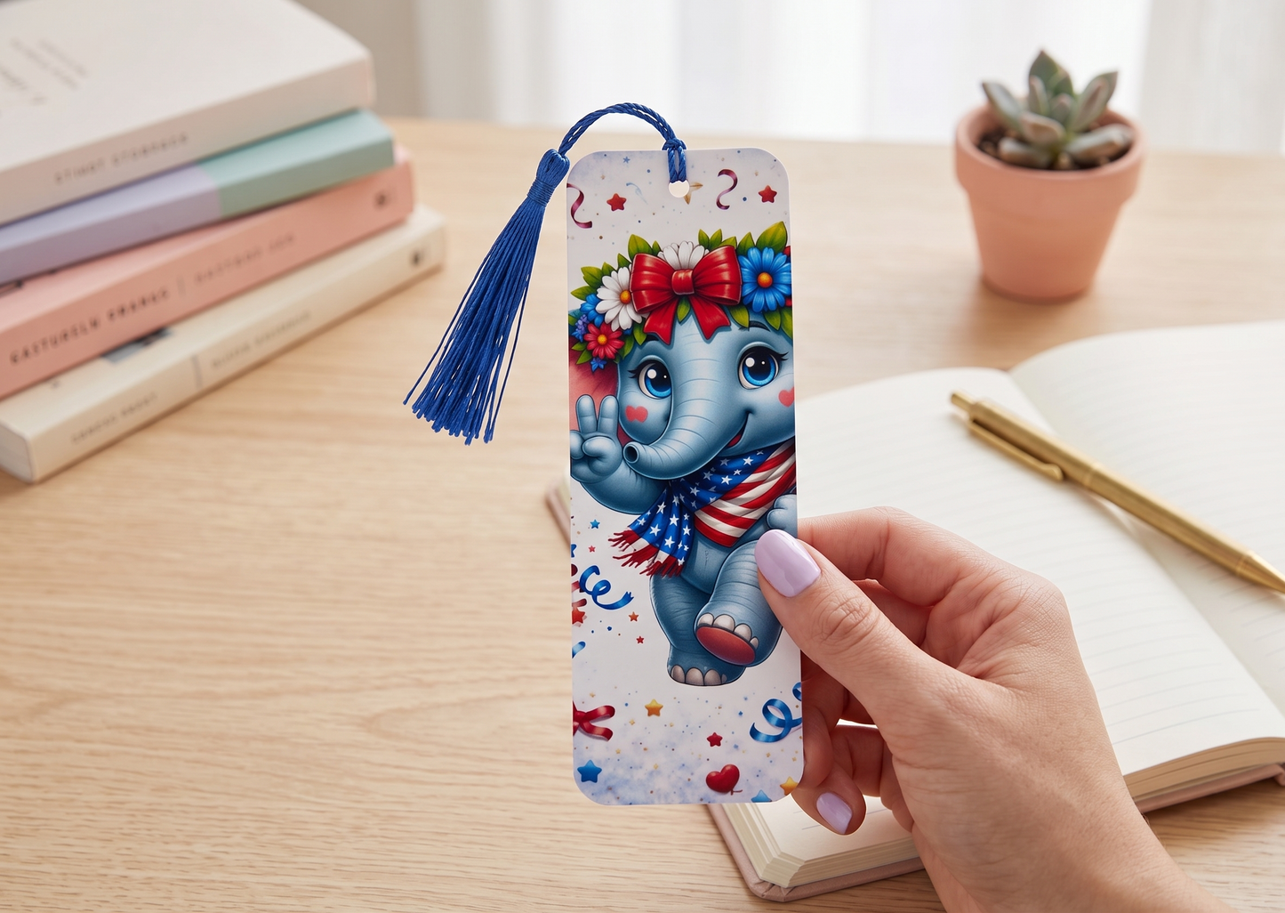 Peace, Love & Unity Elephant Bookmark – Cute Patriotic Page Marker